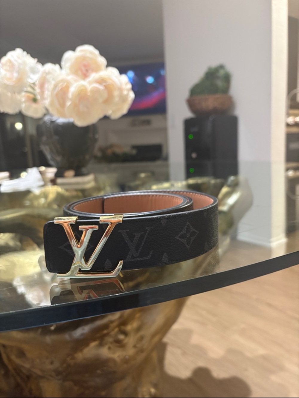 Louis Vuitton Black Monogram  Belt with Gold LV Buckle